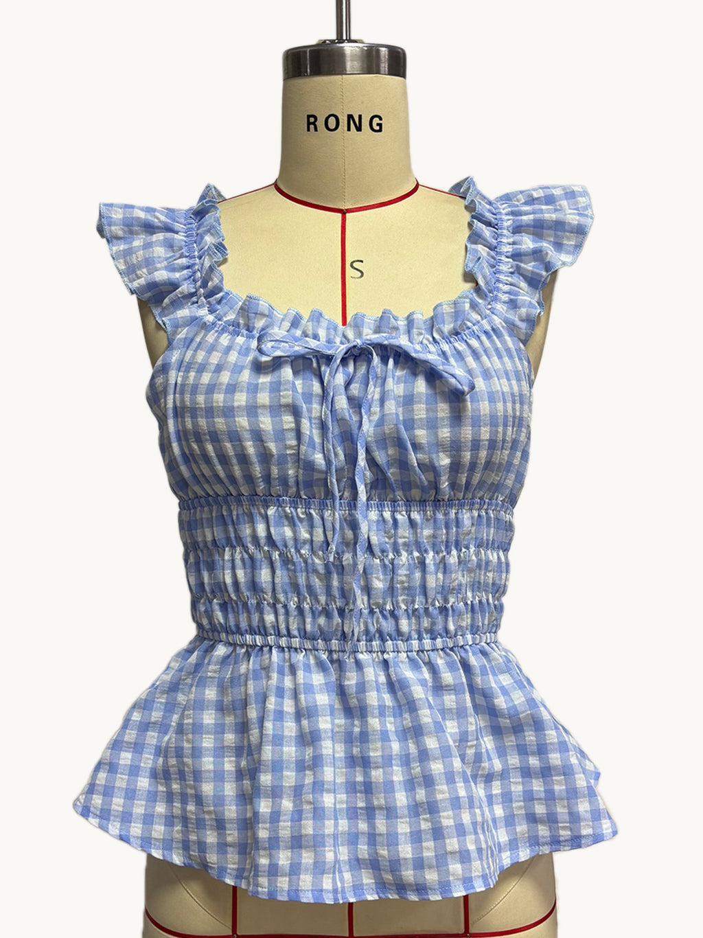 Gingham Ruffle Strap Smocked Peplum Tank Top - Blue - 1