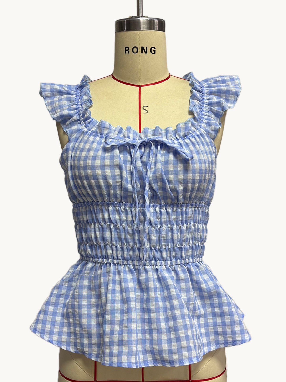 Gingham Ruffle Strap Smocked Peplum Tank Top - Blue - 1