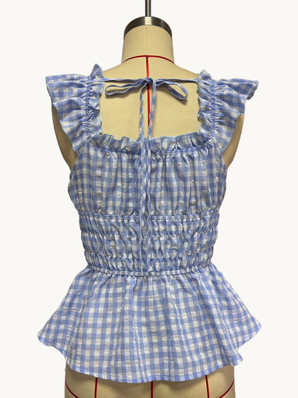 Gingham Ruffle Strap Smocked Peplum Tank Top - Blue - 2
