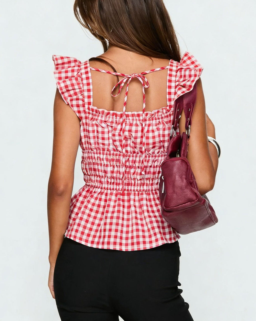 Gingham Ruffle Strap Smocked Peplum Tank Top - Red - 1