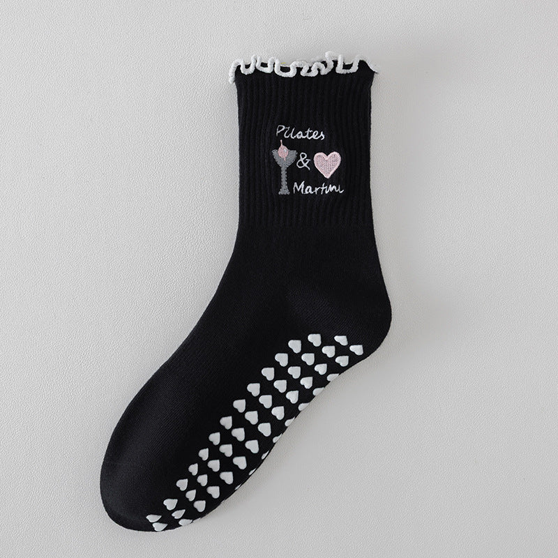 Ruffle Cuff Grip Socks With Playful Motifs - Black