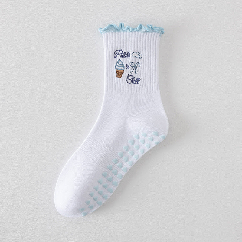 Ruffle Cuff Grip Socks With Playful Motifs - Blue