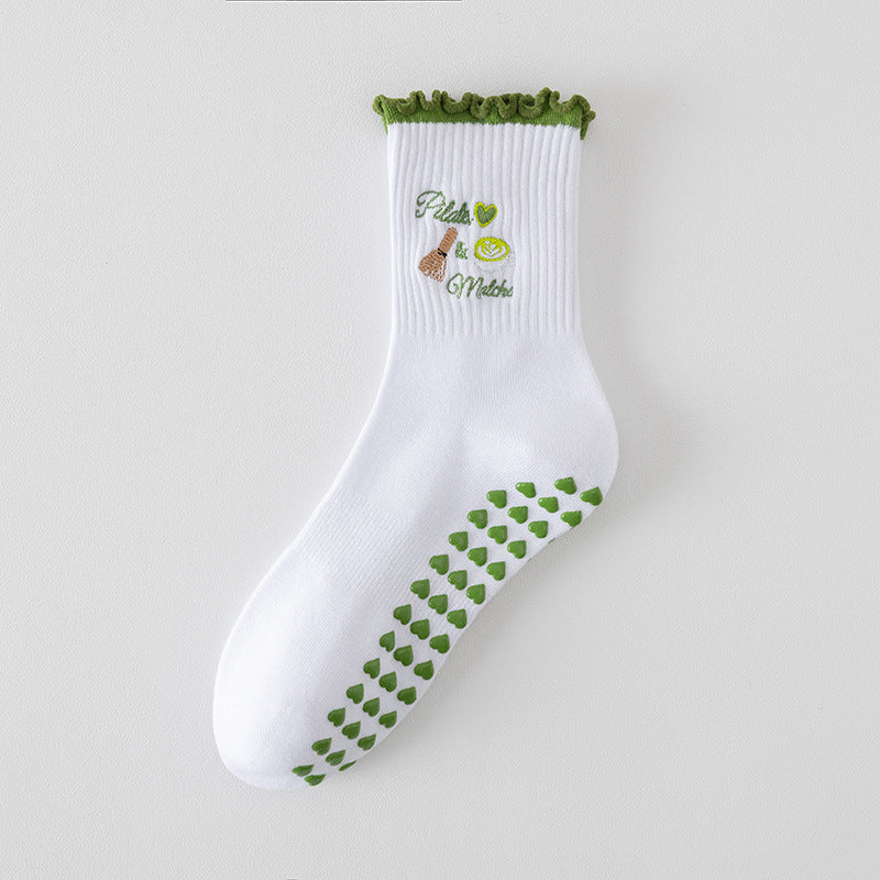 Ruffle Cuff Grip Socks With Playful Motifs - Green