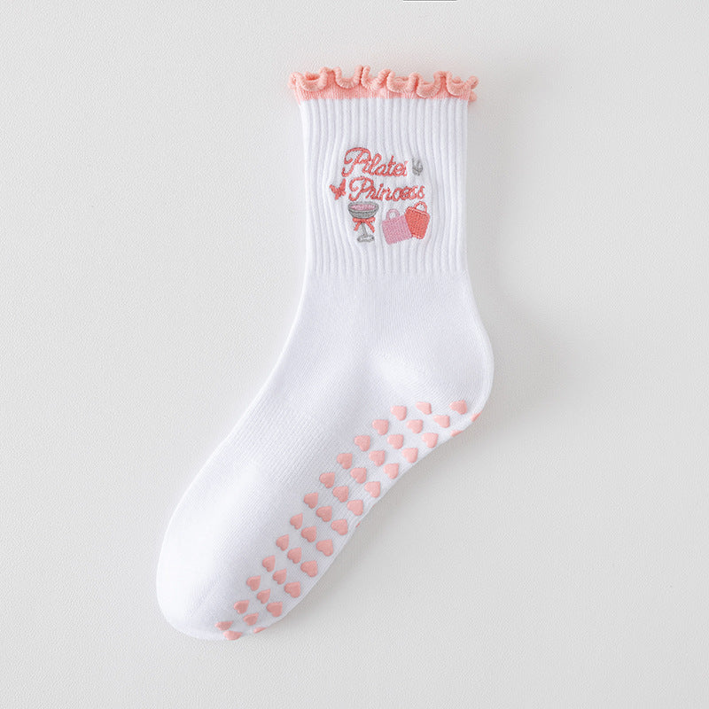 Ruffle Cuff Grip Socks With Playful Motifs - Pink