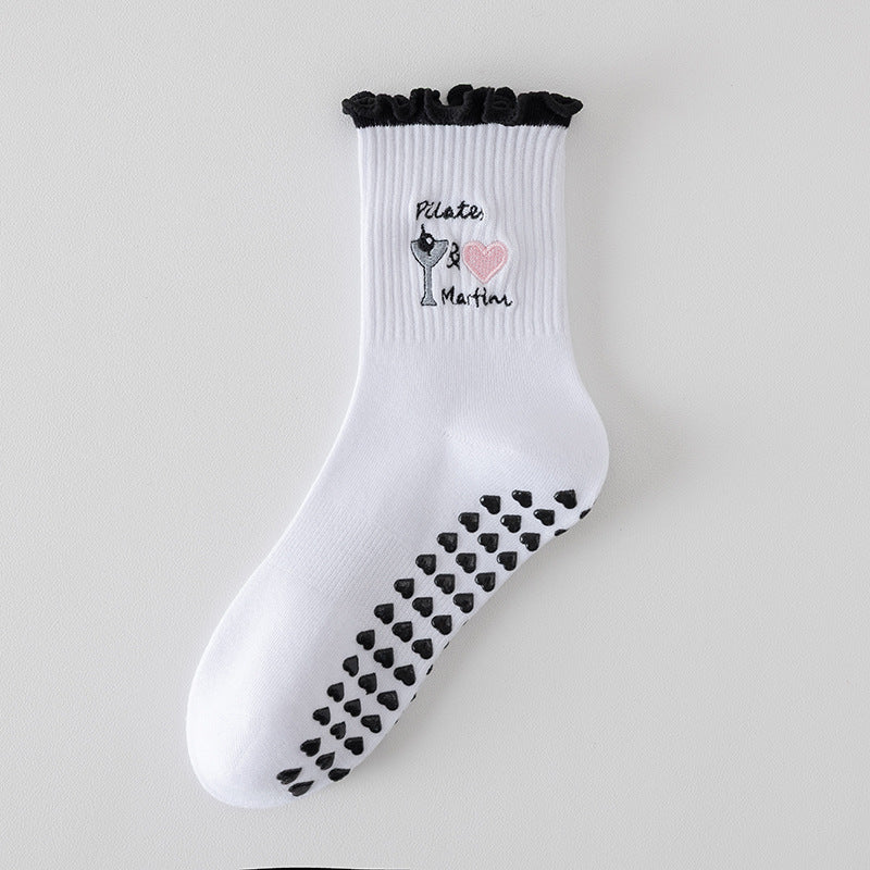 Ruffle Cuff Grip Socks With Playful Motifs - White