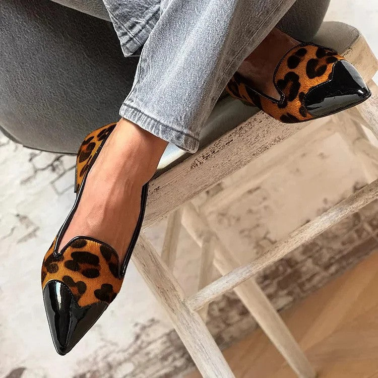 Leopard Print Heart Cap Toe Pointed Loafers