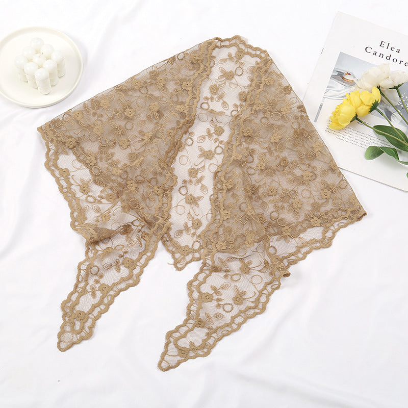 Openwork Lace Triangle Bandana With Ties - Camel