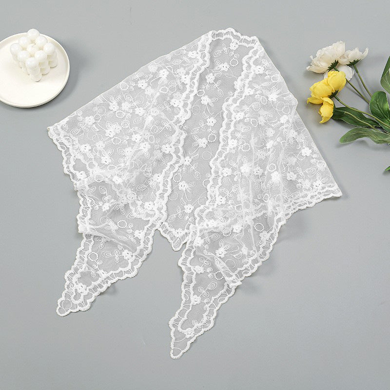 Openwork Lace Triangle Bandana With Ties - White