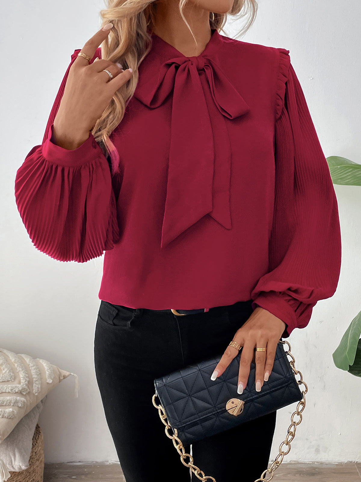 Pleated Sleeve Tie Neck Blouse - Winered - 2