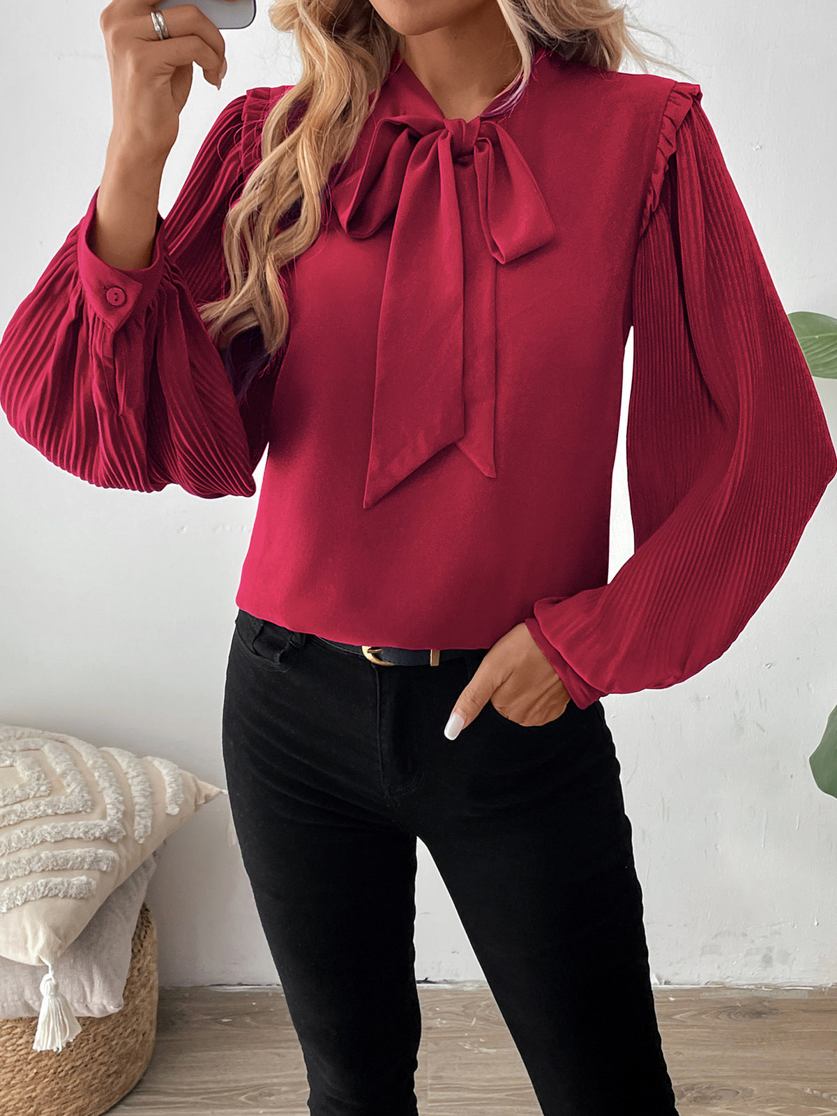 Pleated Sleeve Tie Neck Blouse - Winered - 3