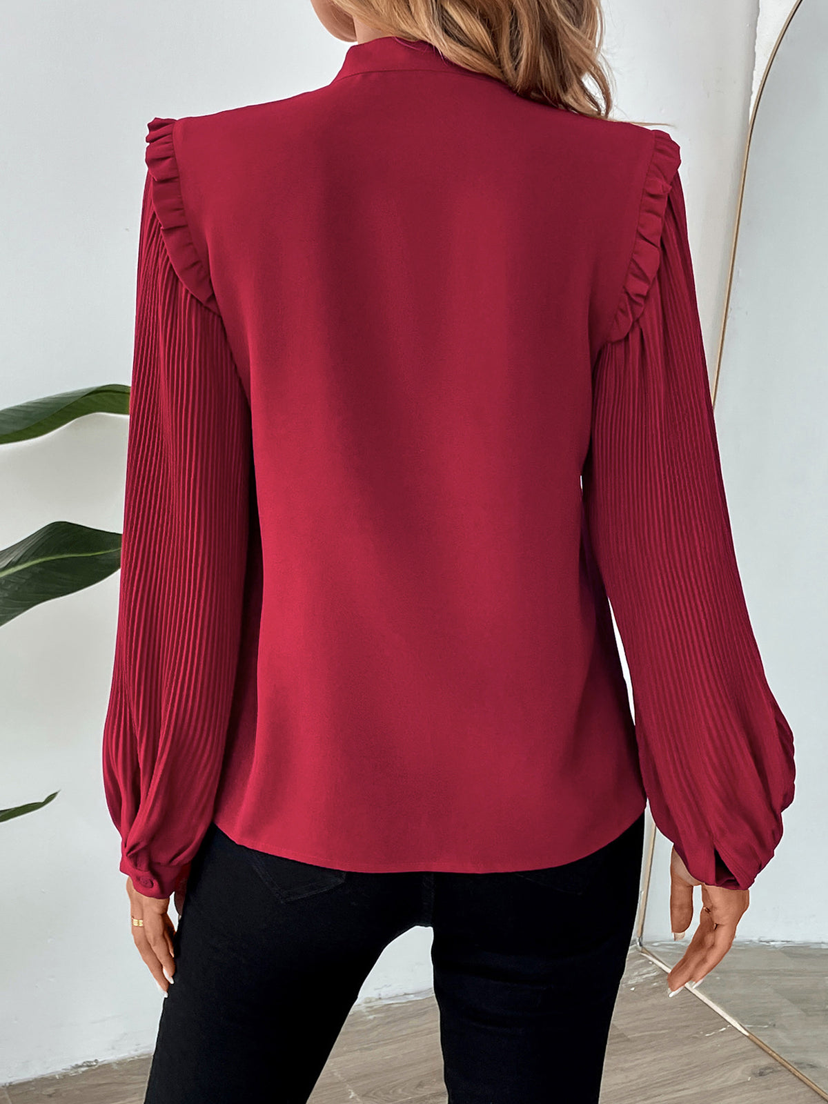 Pleated Sleeve Tie Neck Blouse - Winered - 4