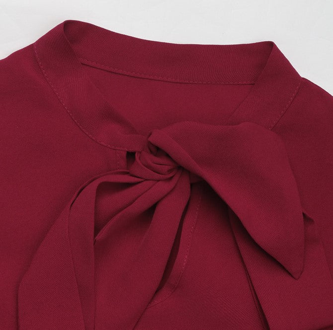 Pleated Sleeve Tie Neck Blouse - Winered - 5