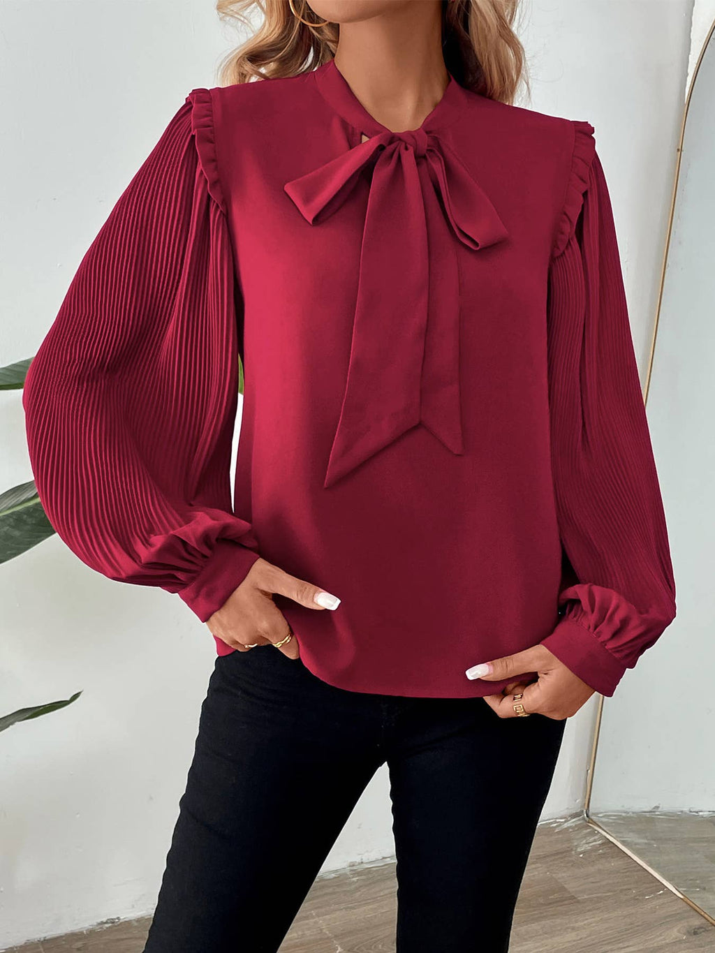 Pleated Sleeve Tie Neck Blouse