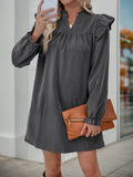 Ruffle Shoulder Split Neck Shift Dress - DarkGray
