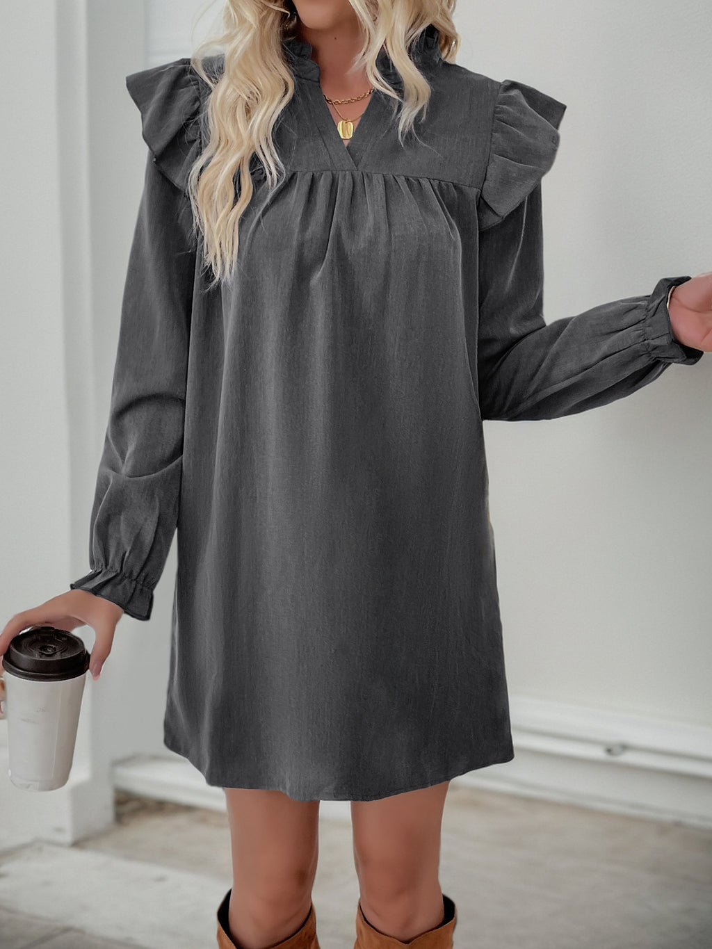 Ruffle Shoulder Split Neck Shift Dress - DarkGray - 1