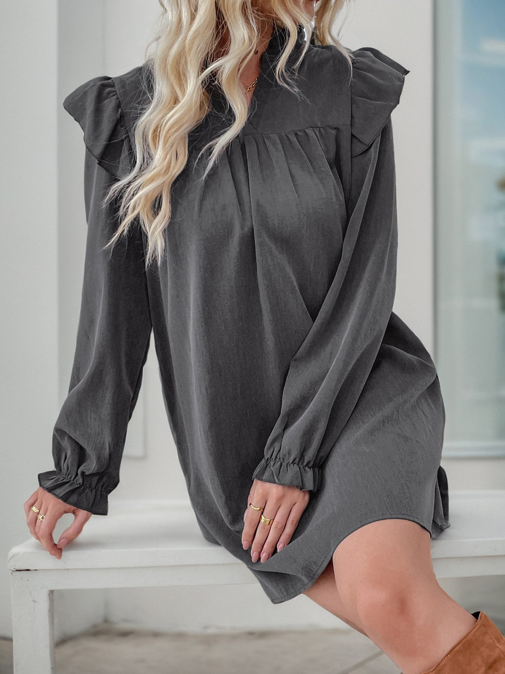 Ruffle Shoulder Split Neck Shift Dress - DarkGray - 2