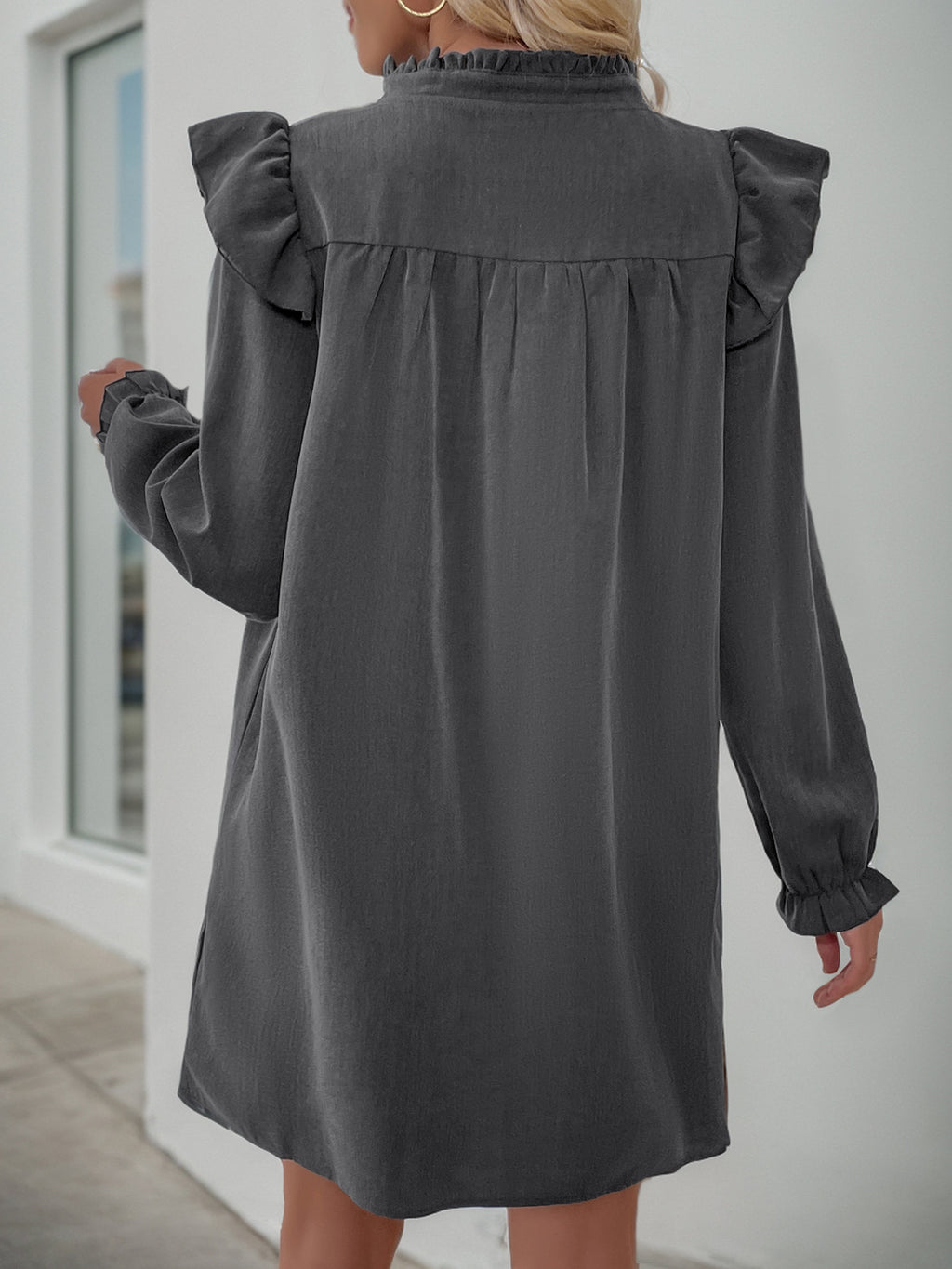 Ruffle Shoulder Split Neck Shift Dress - DarkGray - 3