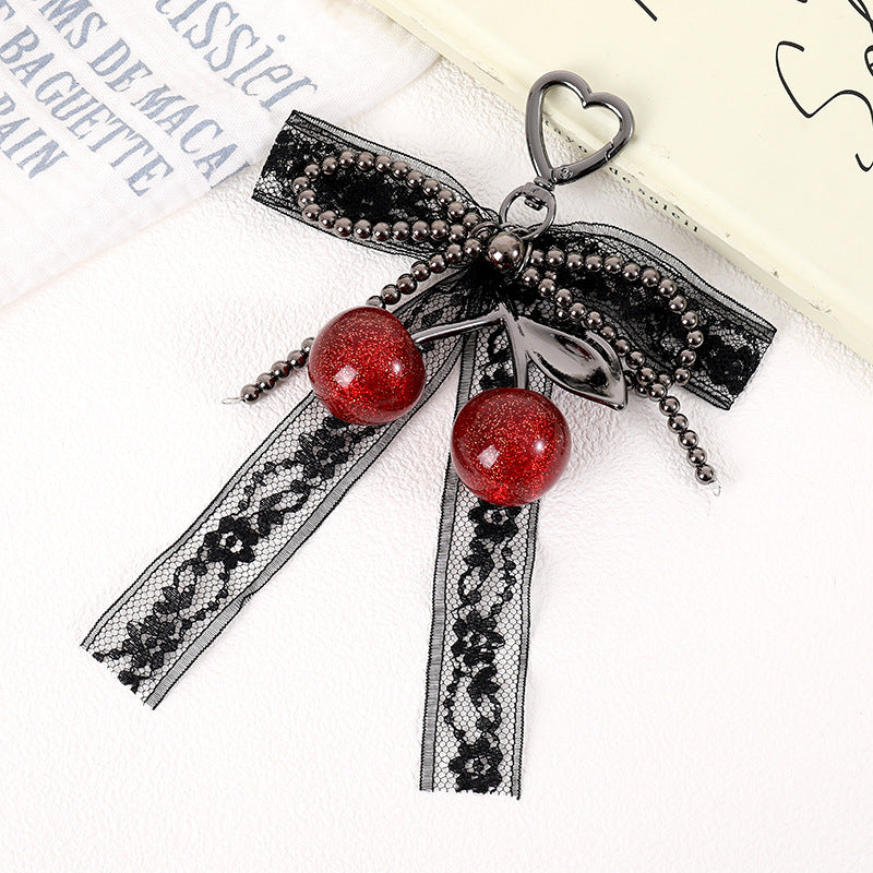 Lace Bow Cherry Bag Charm Keyring - Black