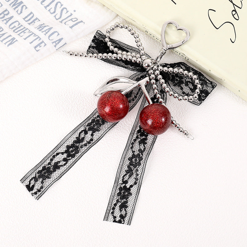 Lace Bow Cherry Bag Charm Keyring - Silver