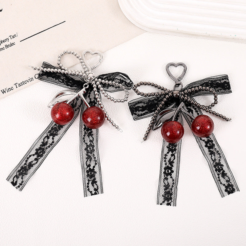 Lace Bow Cherry Bag Charm Keyring