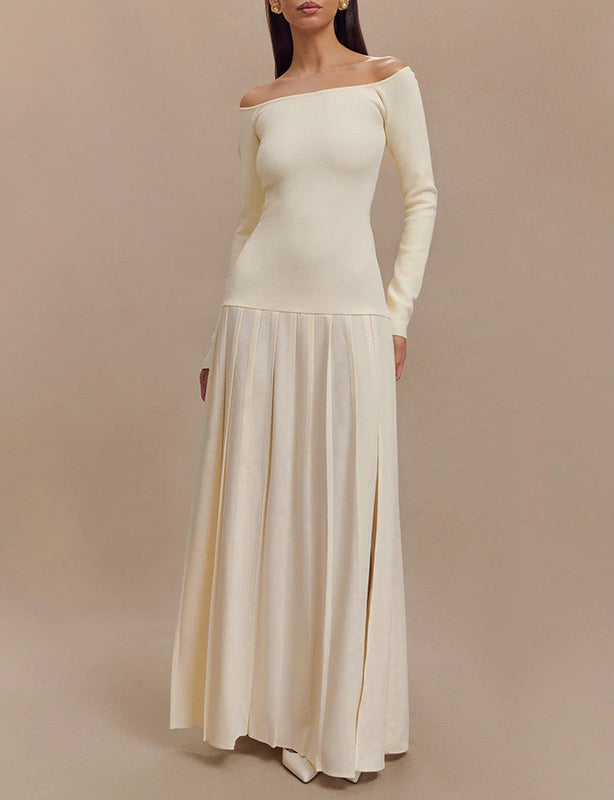 Off Shoulder Drop Waist Pleated Maxi Dress - Apricot