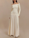 Off Shoulder Drop Waist Pleated Maxi Dress - Apricot