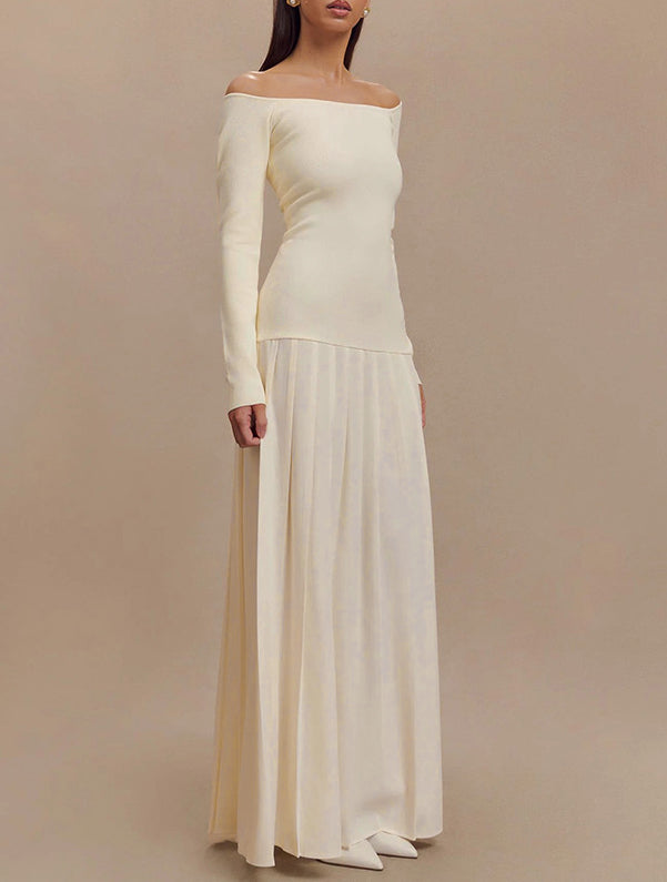 Off Shoulder Drop Waist Pleated Maxi Dress - Apricot - 1