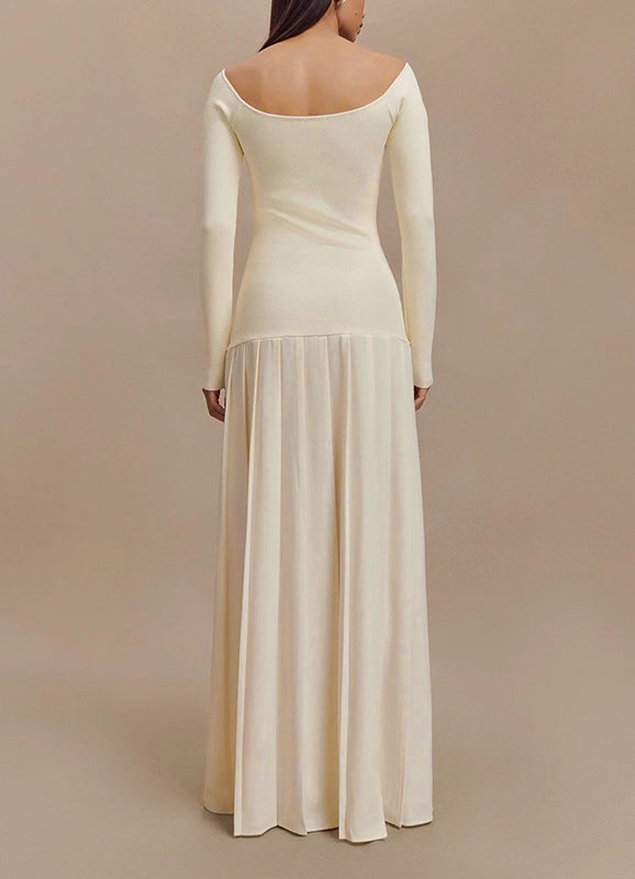 Off Shoulder Drop Waist Pleated Maxi Dress - Apricot - 2