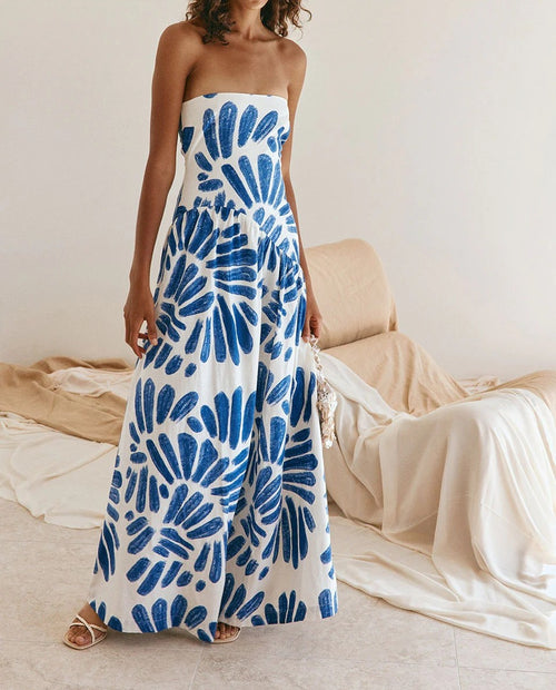 Abstract Floral Print Strapless Maxi Dress - Blue