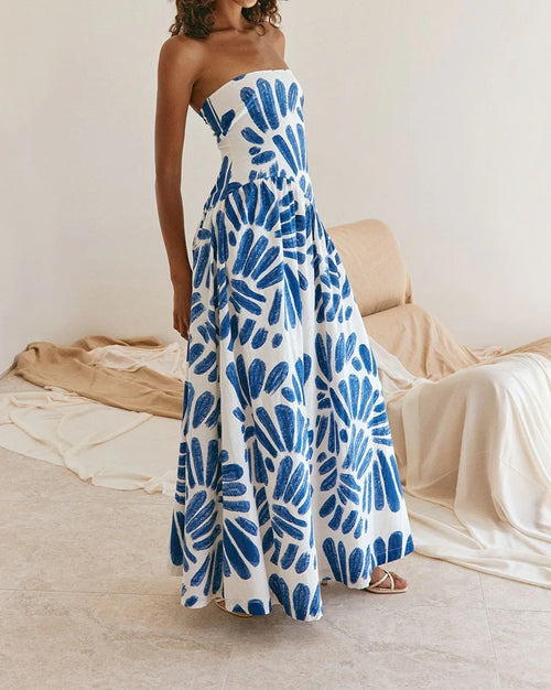Abstract Floral Print Strapless Maxi Dress - Blue - 1