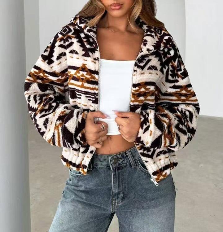 Geometric Print Fleece Zip Jacket with Hood - Coffee