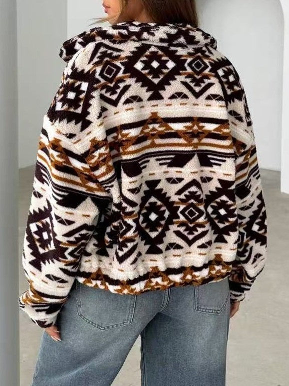 Geometric Print Fleece Zip Jacket with Hood - Coffee - 1