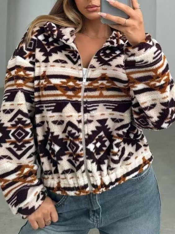 Geometric Print Fleece Zip Jacket with Hood - Coffee - 2