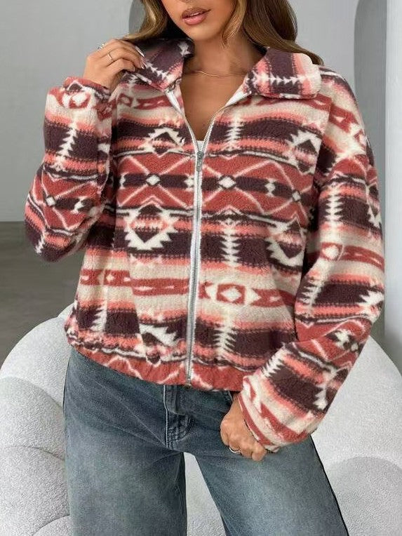 Geometric Print Fleece Zip Jacket with Hood - Pink