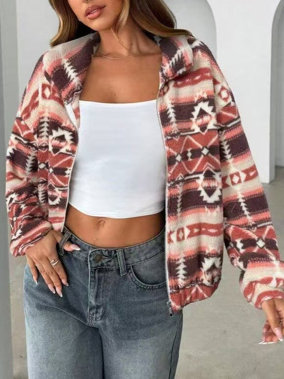 Geometric Print Fleece Zip Jacket with Hood - Pink - 1