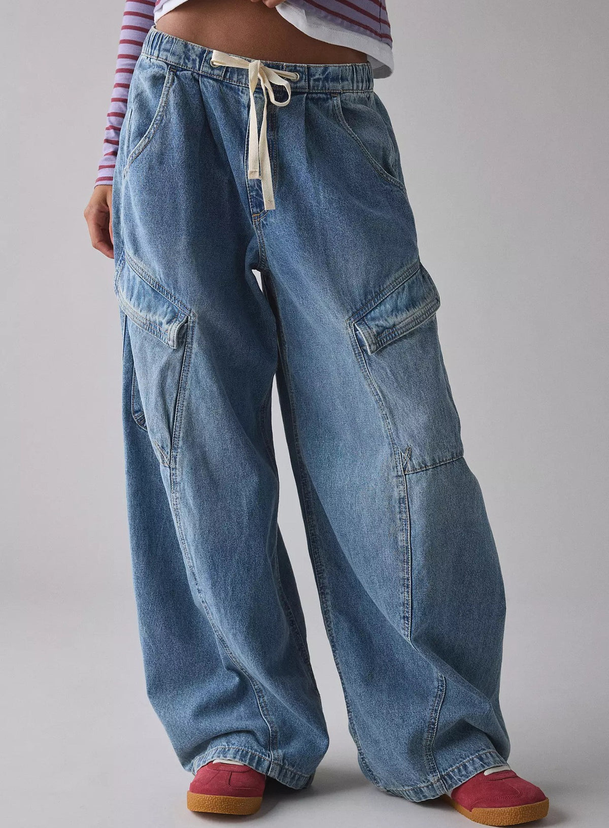 Baggy Cargo Denim Trousers With Drawcord Waist - Blue