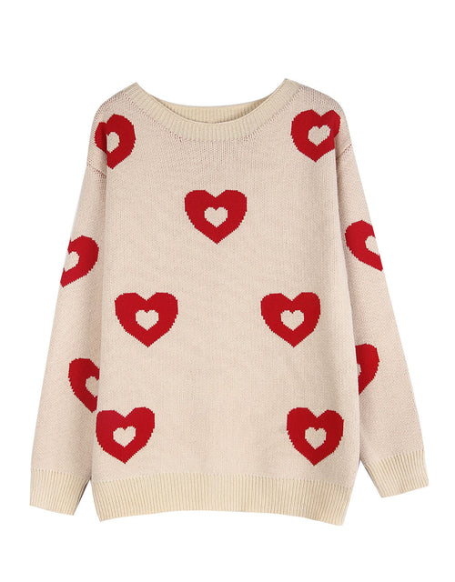 Allover Heart Jacquard Crew Neck Sweater - Apricot