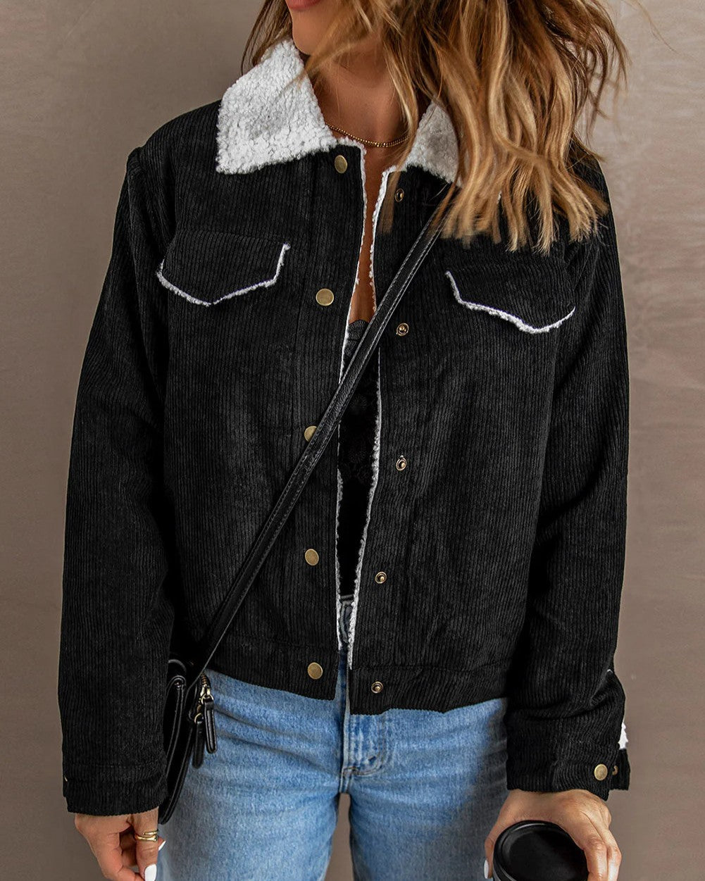 Sherpa Collar Corduroy Trucker Jacket - Black - 1