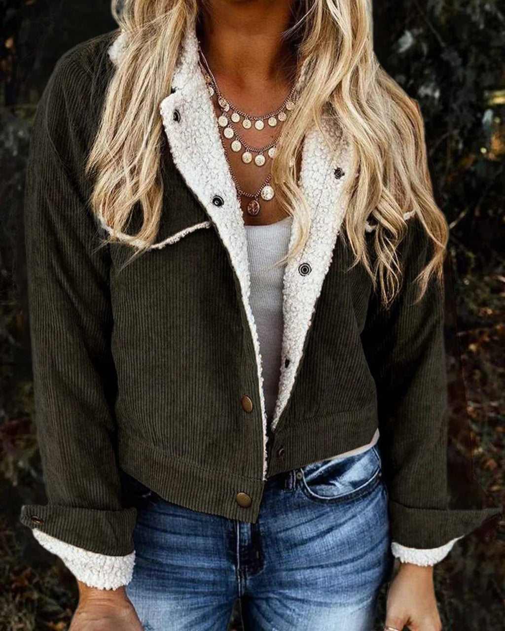 Sherpa Collar Corduroy Trucker Jacket - Dark-Green
