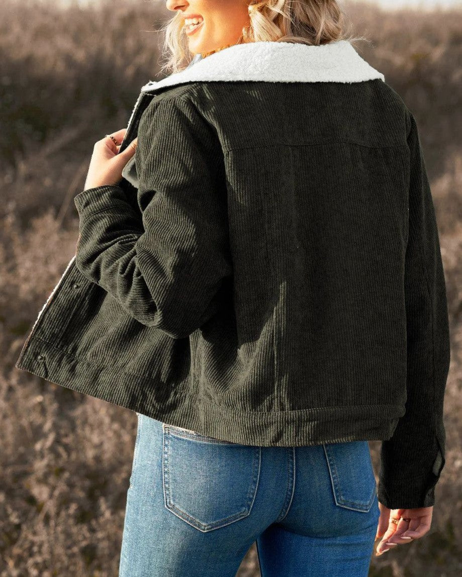 Sherpa Collar Corduroy Trucker Jacket - Dark-Green - 1