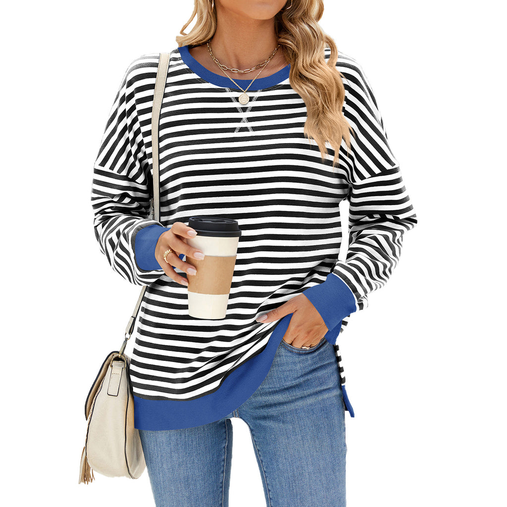 Striped Sweatshirt With Contrast Cuffs and Hem - Black_B