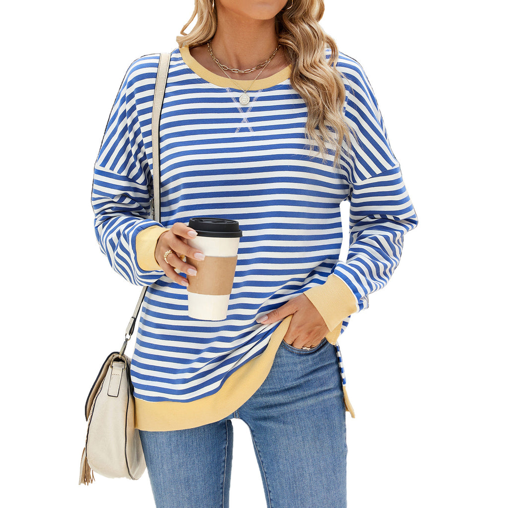Striped Sweatshirt With Contrast Cuffs and Hem - Blue_Y