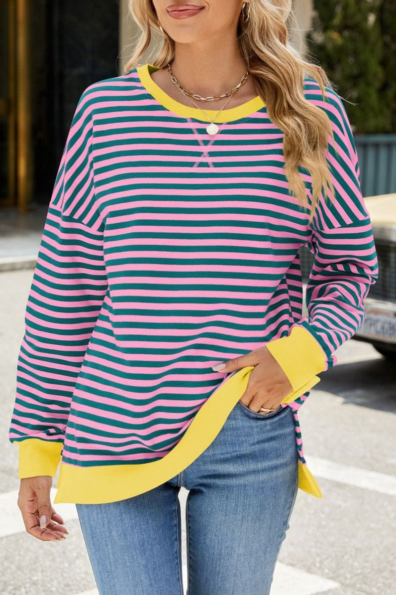 Striped Sweatshirt With Contrast Cuffs and Hem - Green_PY - 4