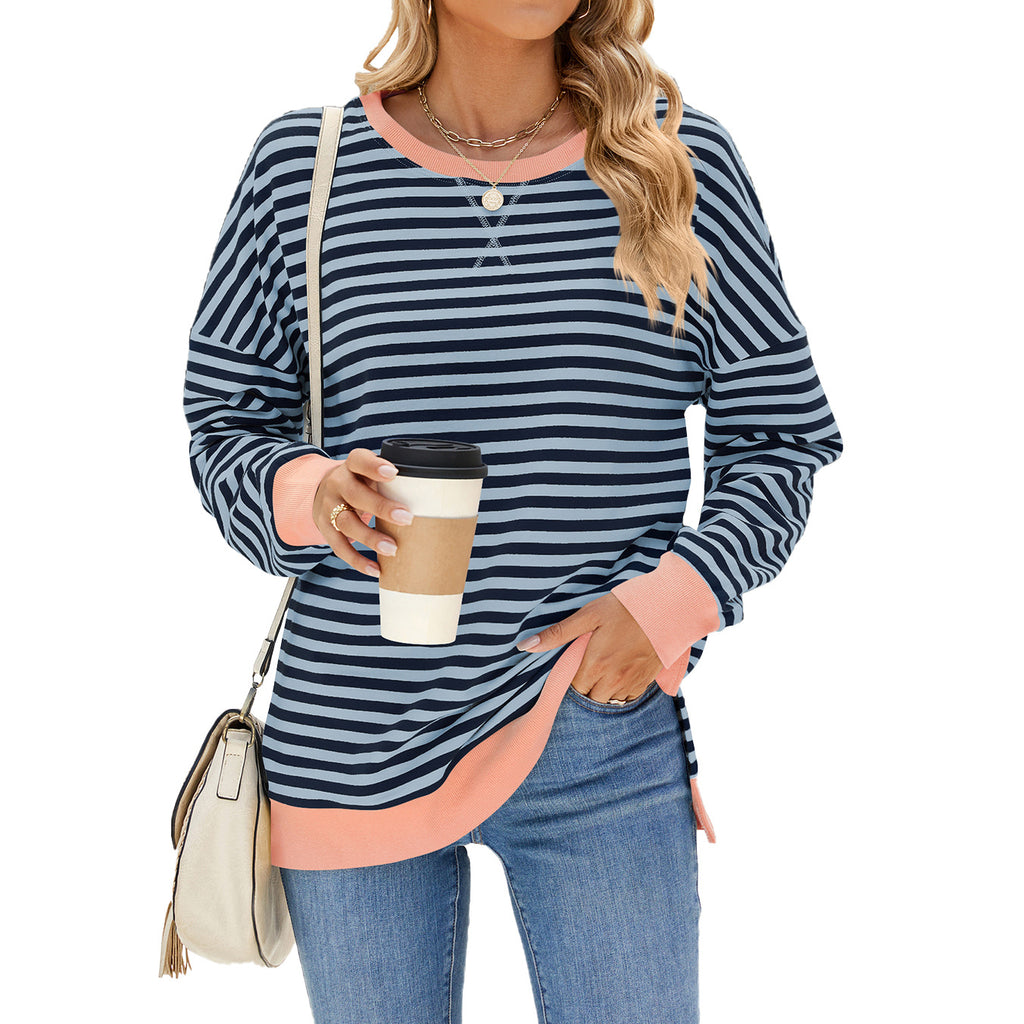 Striped Sweatshirt With Contrast Cuffs and Hem - Navy_P