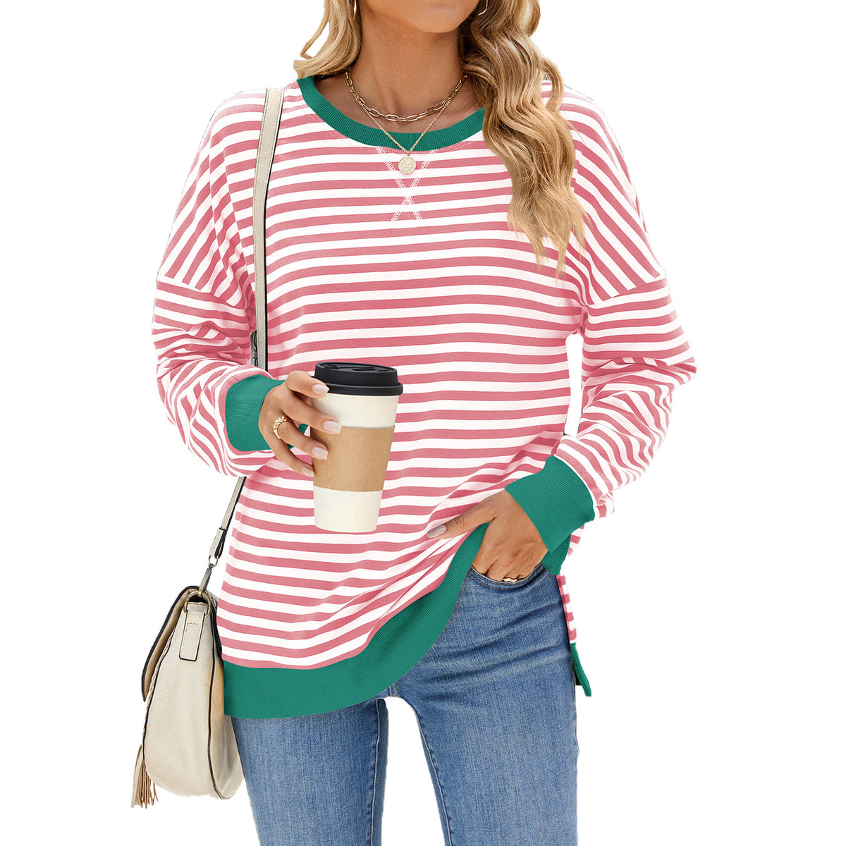 Striped Sweatshirt With Contrast Cuffs and Hem - Pink_G