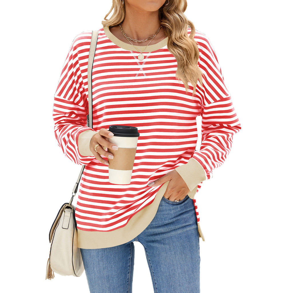 Striped Sweatshirt With Contrast Cuffs and Hem - Red_B