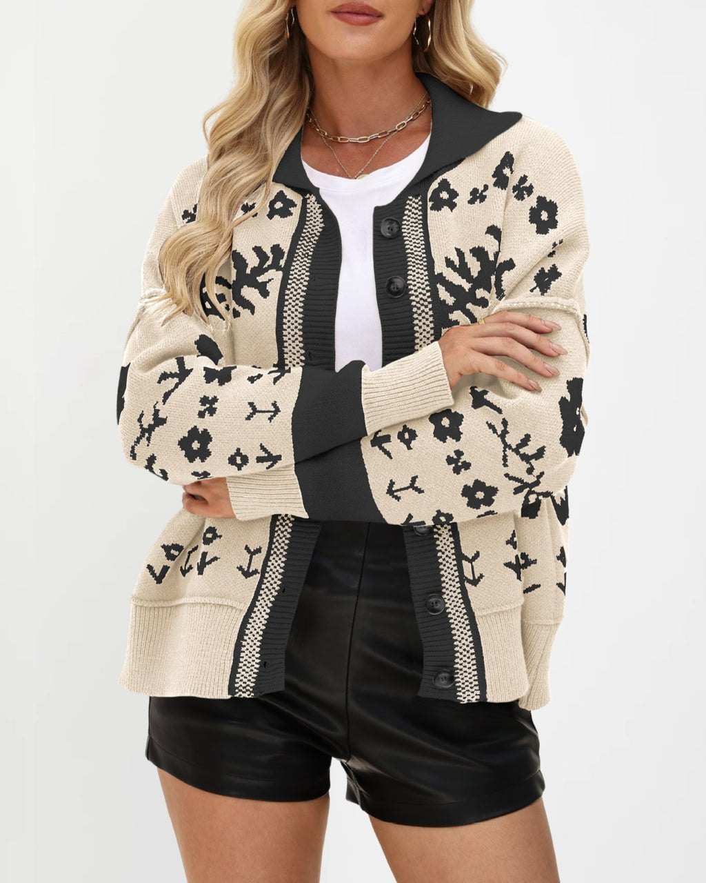 Folk Floral Jacquard Button Front Cardigan - Apricot