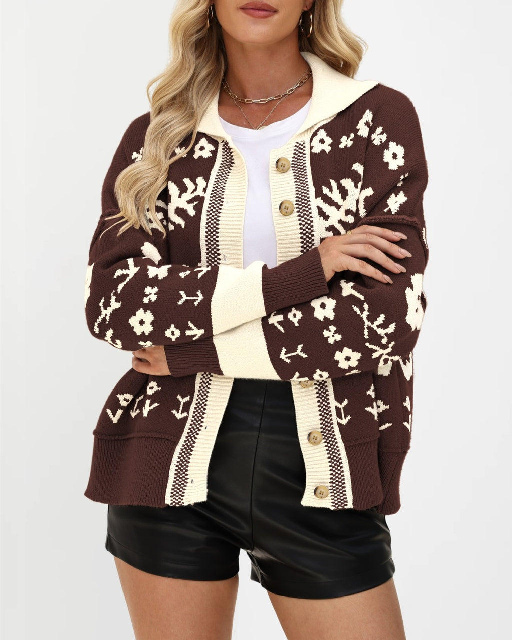 Folk Floral Jacquard Button Front Cardigan - Coffee