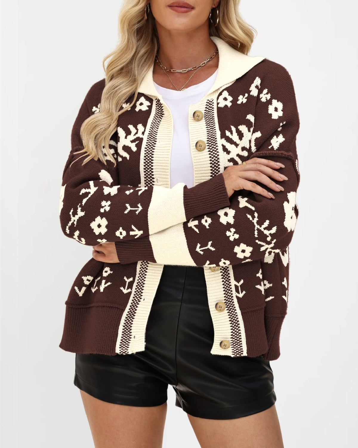 Folk Floral Jacquard Button Front Cardigan - Coffee