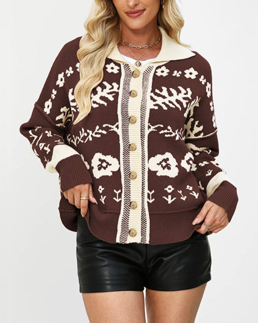 Folk Floral Jacquard Button Front Cardigan - Coffee - 1